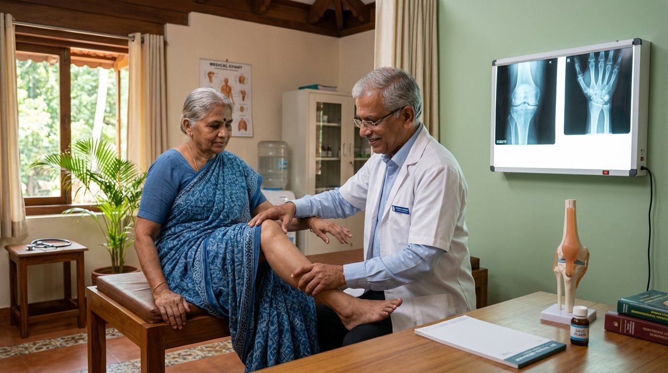 Doctor examining patient joint mobility at Novelty Homoeopathic Hospital